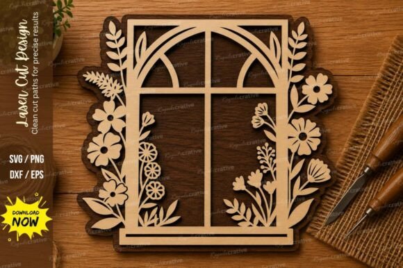 Floral Window Frame SVG: Nature Laser Design File Set