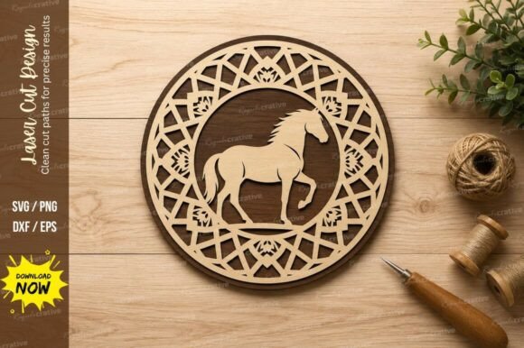 Geometric Horse Circle Laser Cut SVG: Precision Design Files