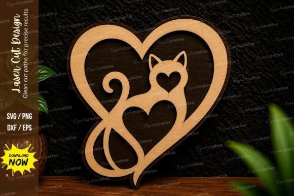 Romantic Cat Heart Laser Cut SVG Design