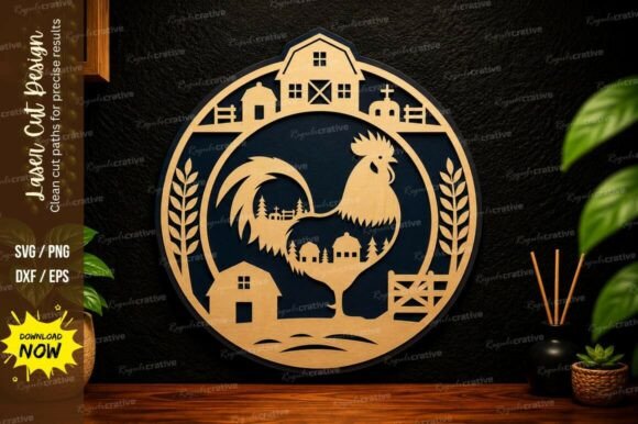 Village Rooster Circle Laser Cut SVG: Precision Design Files